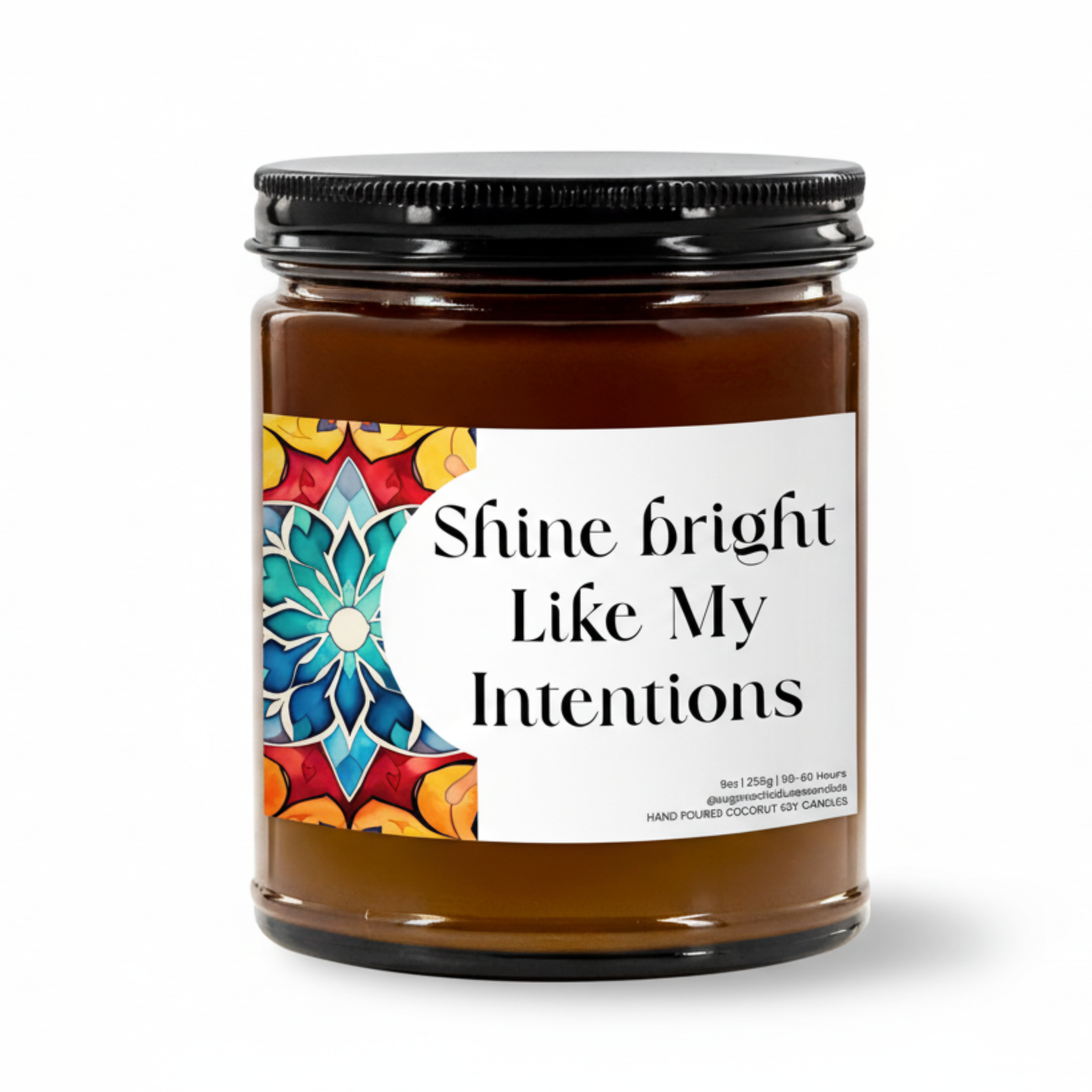 “Shine Bright Like My Intentions” Islamic soy candle in amber glass jar on a neutral décor tray