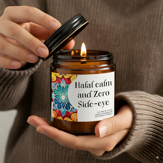 “Halal Calm and Zero Side-Eye” Islamic soy candle in amber glass jar on a neutral décor tray