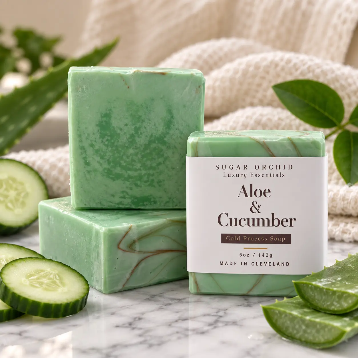 Labeled Aloe and Cucumber soap with fresh cucumber and aloe