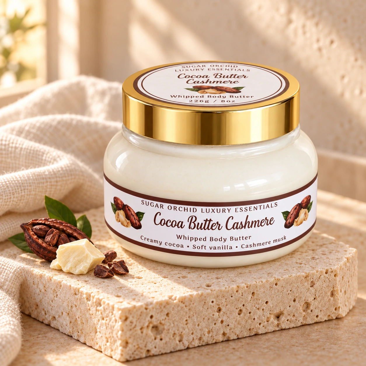 Cocoa Butter Cashmere Whipped Body Butter, current Sugar Orchid jar and label