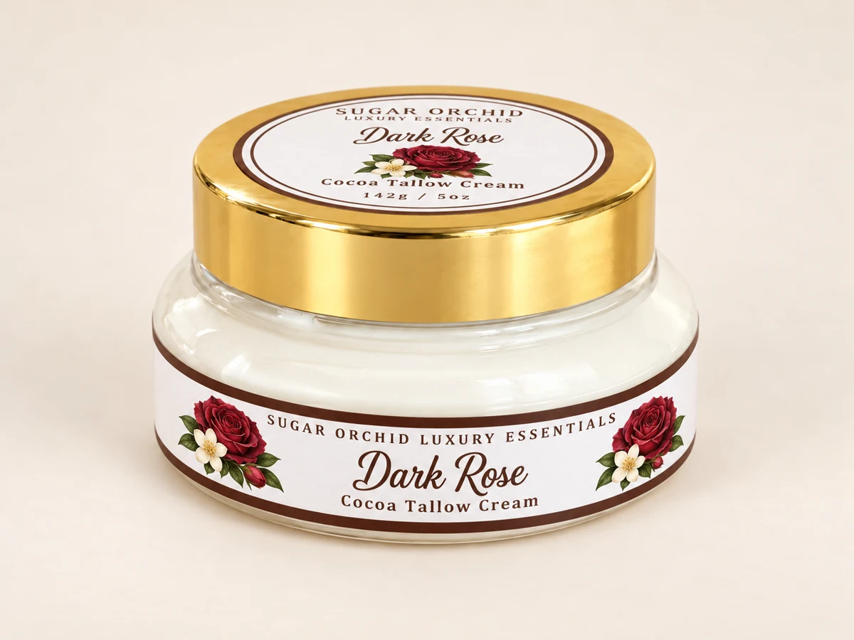 Closed gold-lid jar of Dark Rose Cocoa Tallow Cream