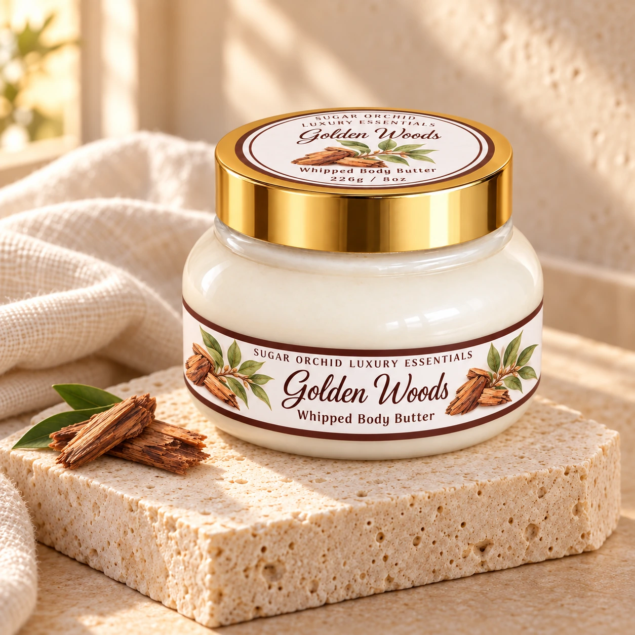 Golden Woods Whipped Body Butter, current Sugar Orchid jar and label