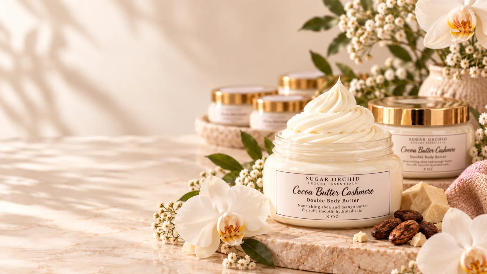 Sugar Orchid whipped body butter in an open jar