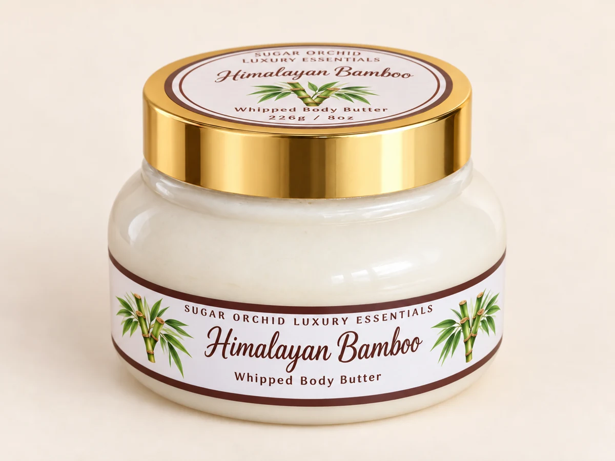Closed gold-lid jar of Himalayan Bamboo Body Butter