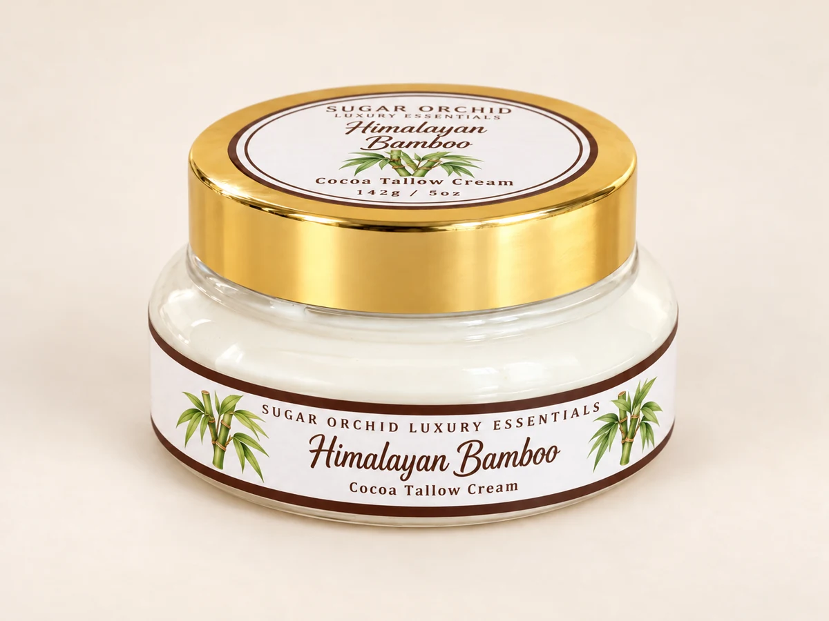 Closed gold-lid jar of Himalayan Bamboo Cocoa Tallow Cream