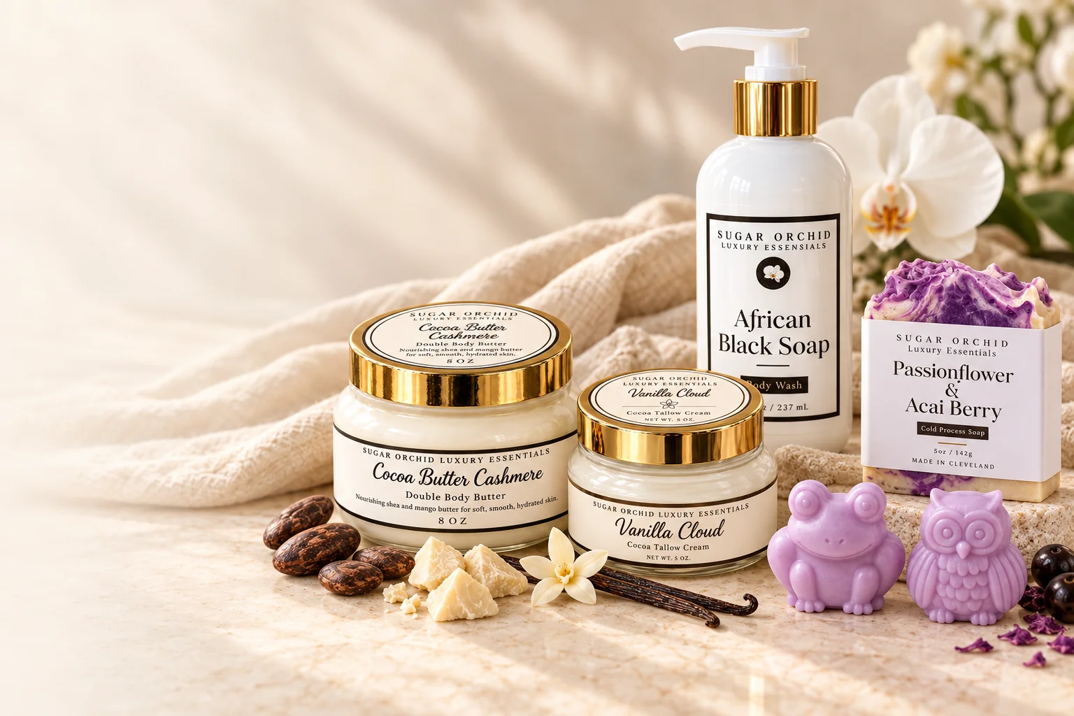 Sugar Orchid closed gold-lid body butter and cocoa tallow cream jars, animal soaps, handmade bar soap and white body-wash bottle