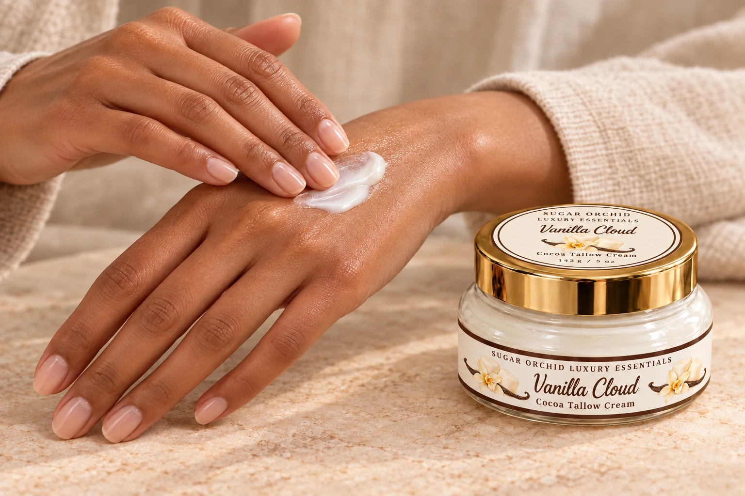 White cocoa tallow cream being smoothed onto the back of a hand