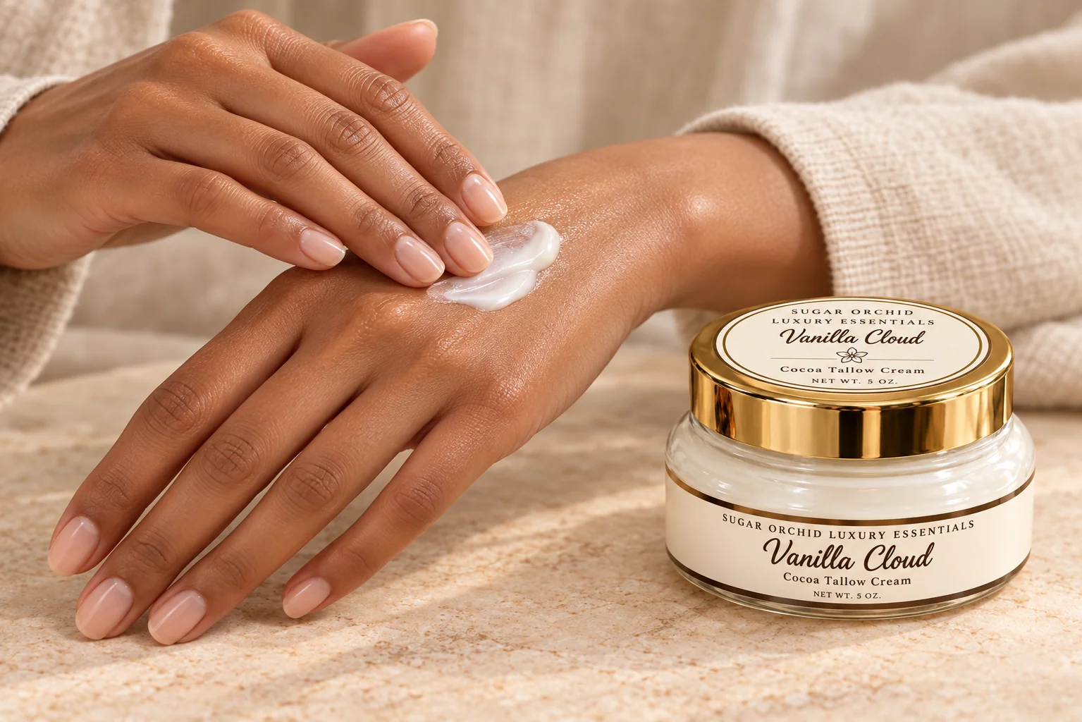 White cocoa tallow cream being smoothed onto the back of a hand