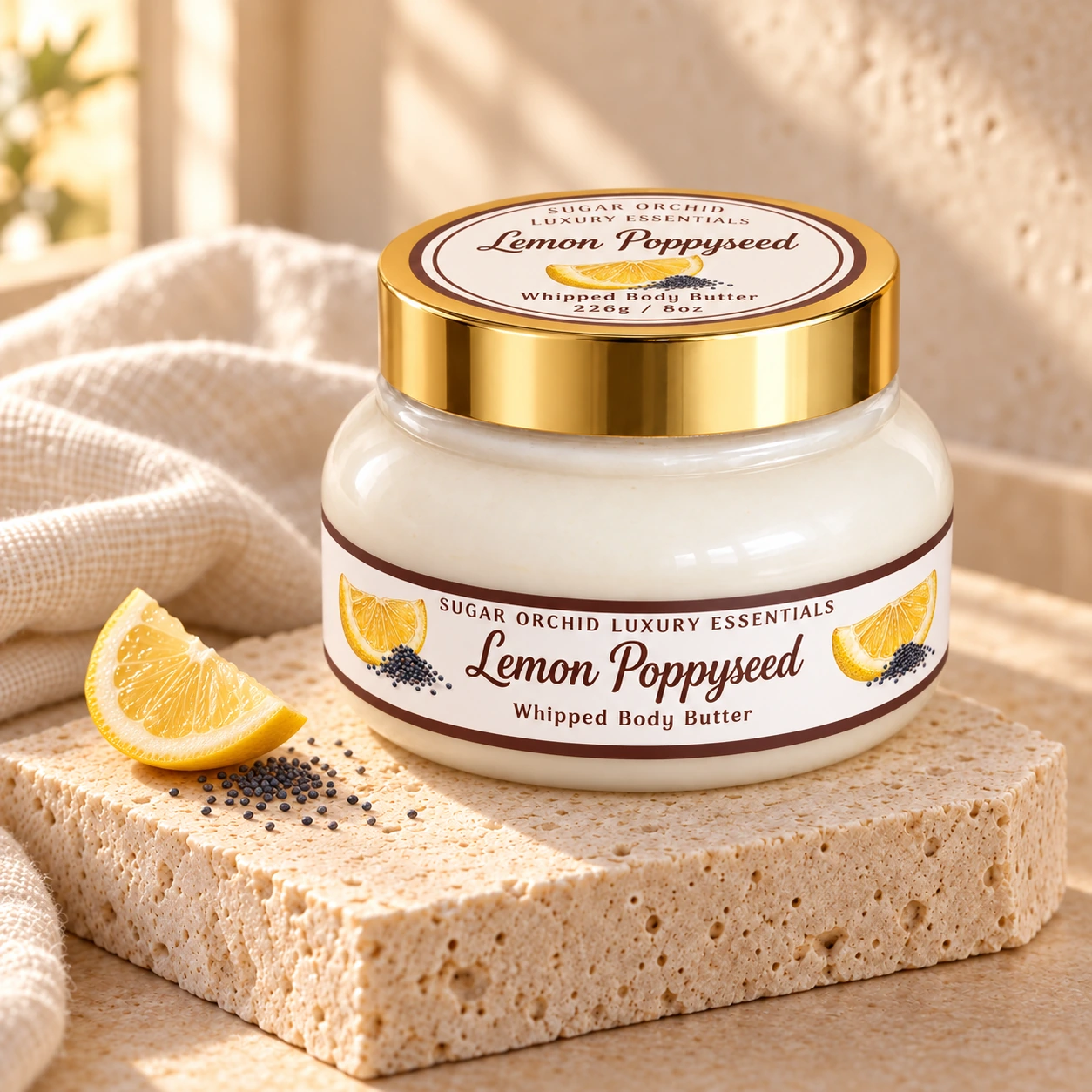 Lemon Poppyseed Whipped Body Butter, current Sugar Orchid jar and label