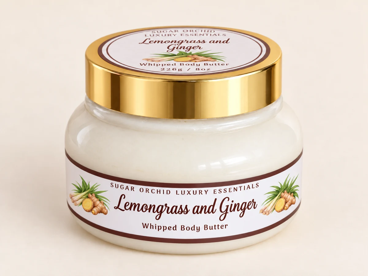 Closed gold-lid jar of Lemongrass and Ginger Body Butter