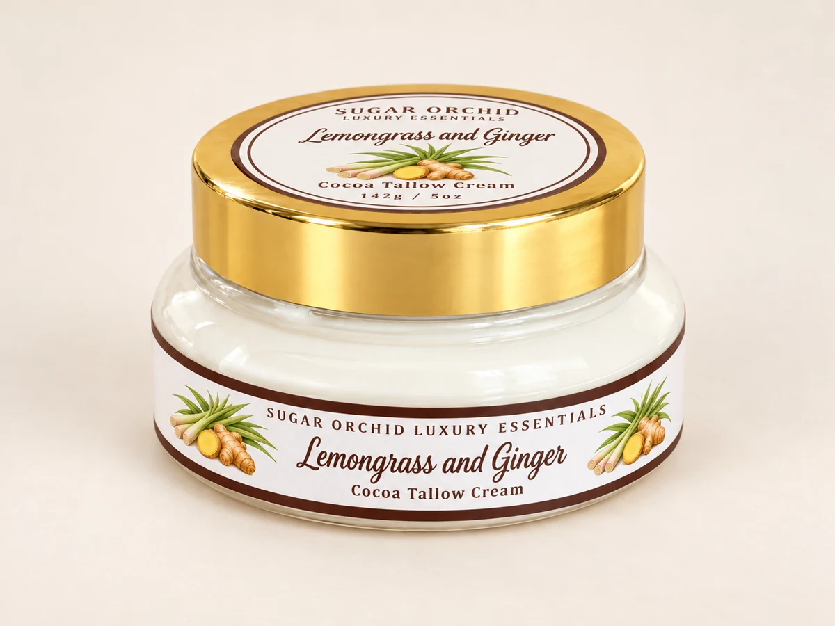 Closed gold-lid jar of Lemongrass and Ginger Cocoa Tallow Cream