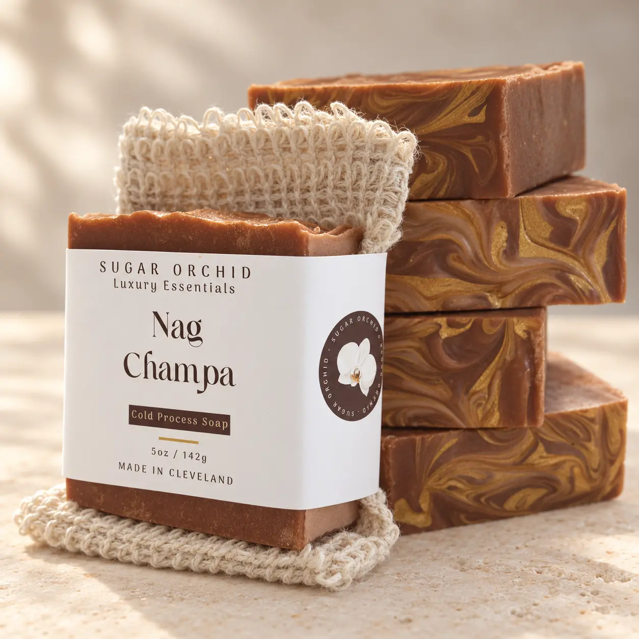 Labeled Nag Champa soap with a natural soap saver