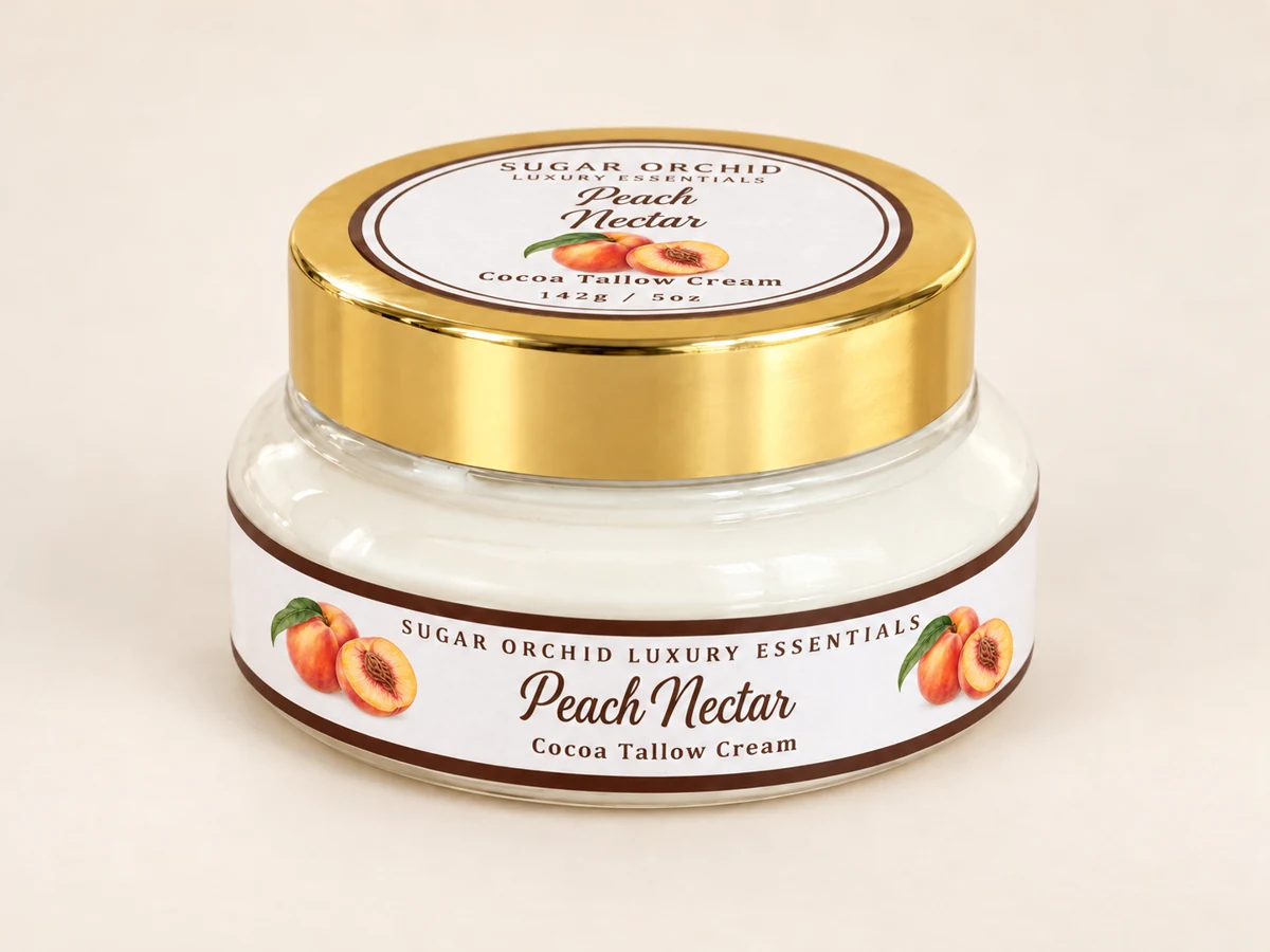 Closed gold-lid jar of Peach Nectar Cocoa Tallow Cream
