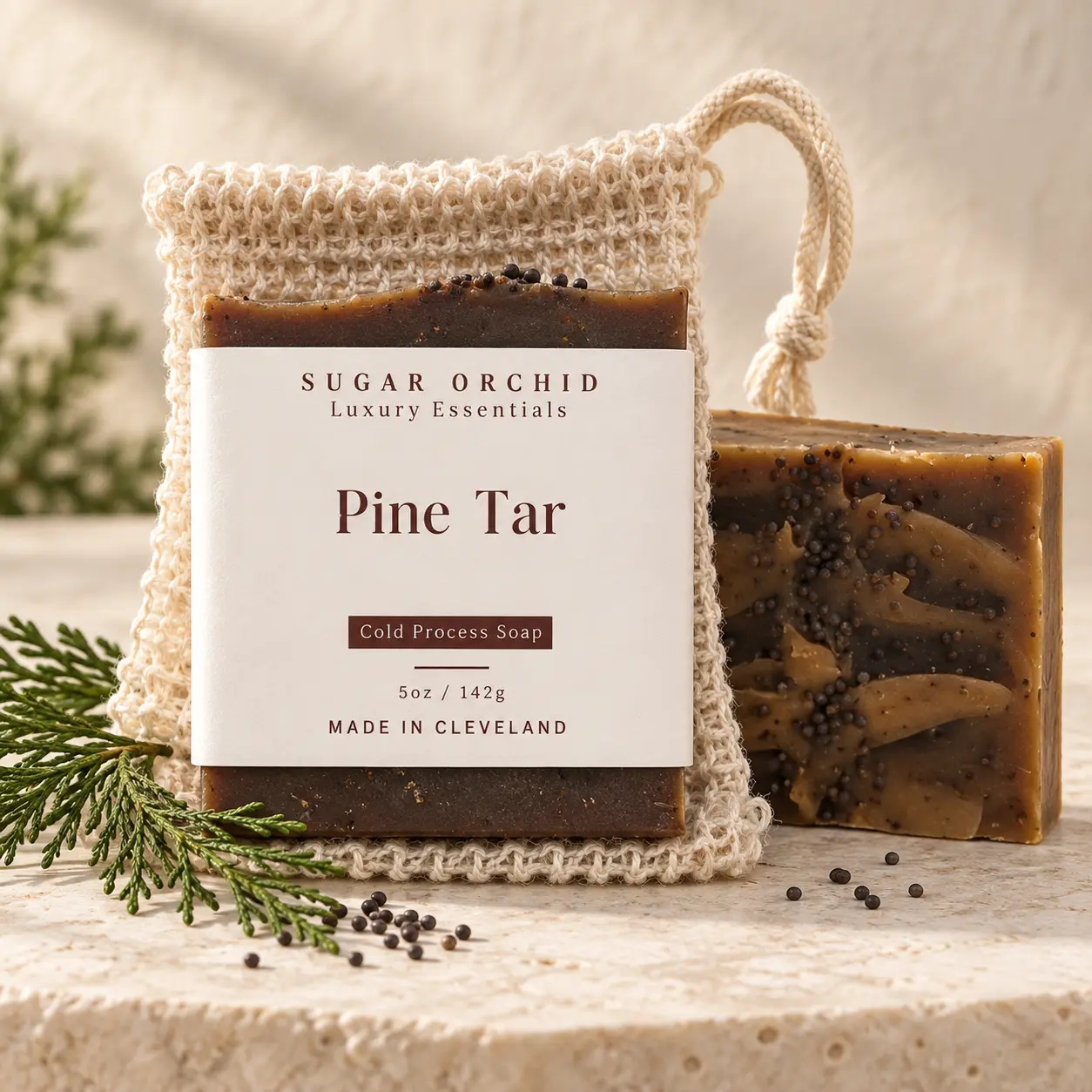 Labeled Pine Tar soap with a natural soap saver