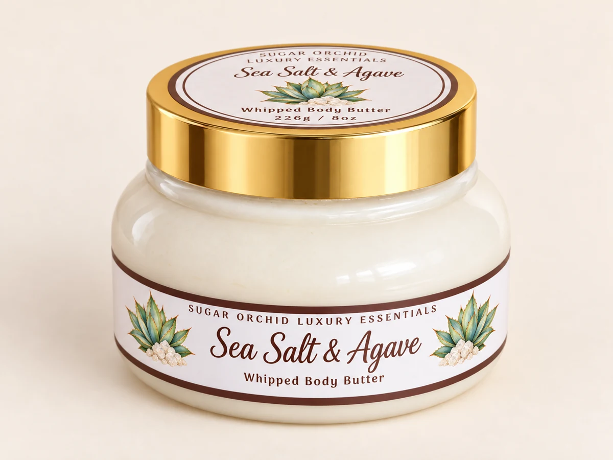 Closed gold-lid jar of Sea Salt & Agave Body Butter