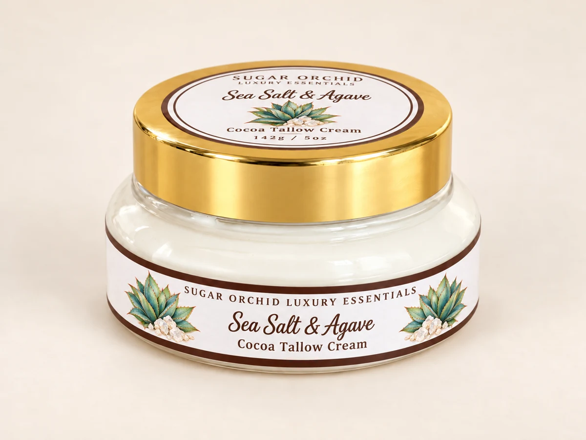 Closed gold-lid jar of Sea Salt & Agave Cocoa Tallow Cream