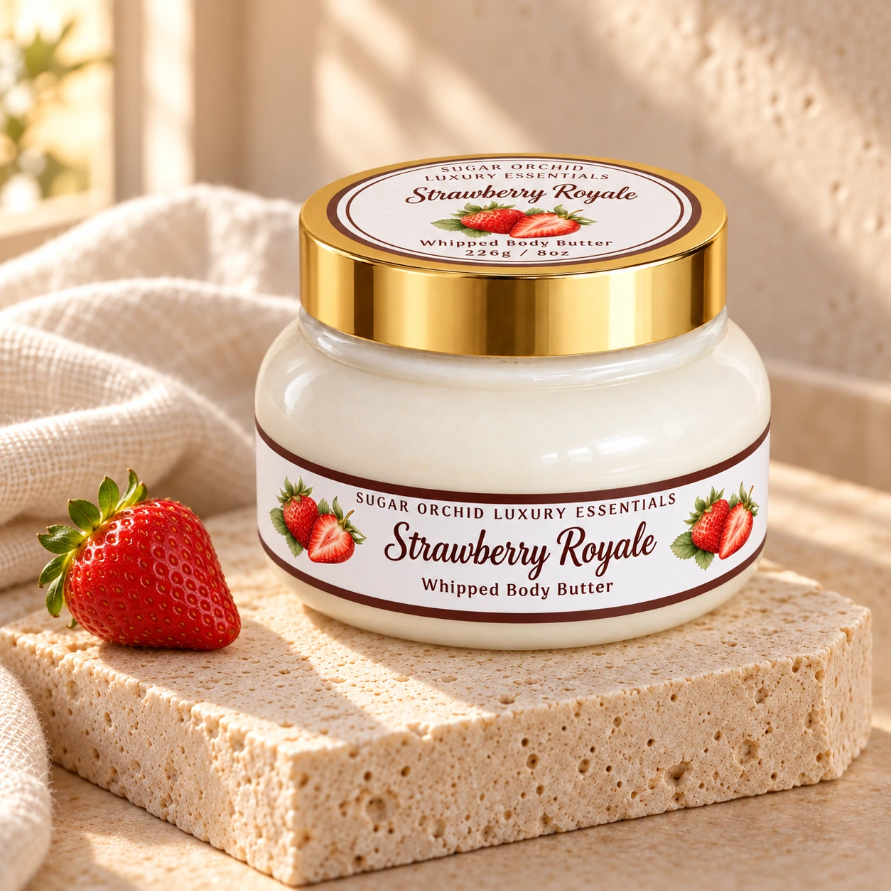 Strawberry Royale Whipped Body Butter, current Sugar Orchid jar and label