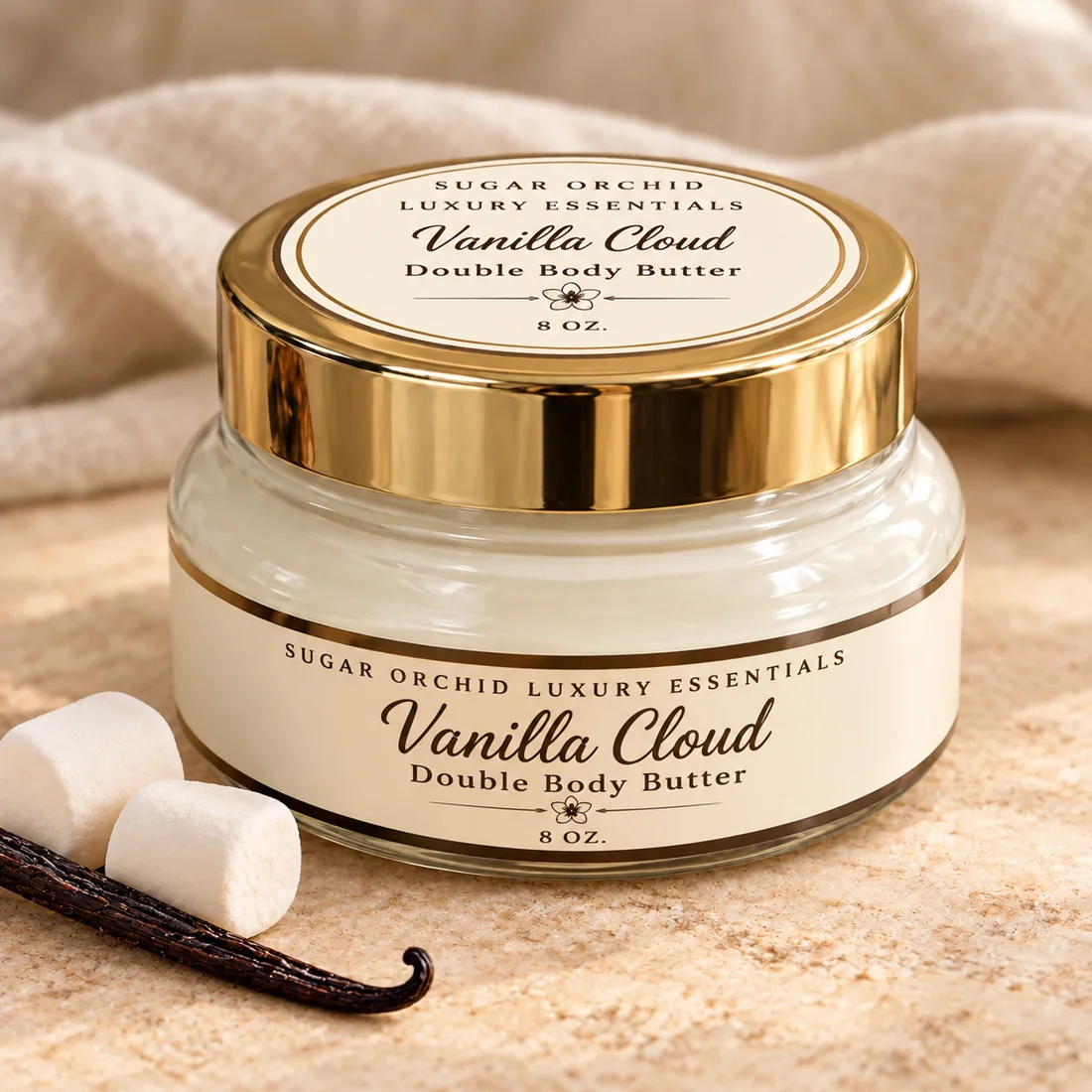 Closed gold-lid jar of Vanilla Cloud Body Butter