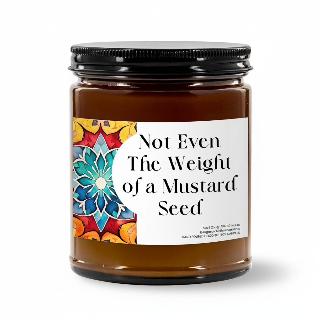 Not Even the Weight of a Mustard Seed” Islamic soy candle in amber glass jar on a neutral décor tray