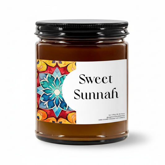 “Sweet Sunnah” Islamic soy candle in amber glass jar on a neutral décor tray