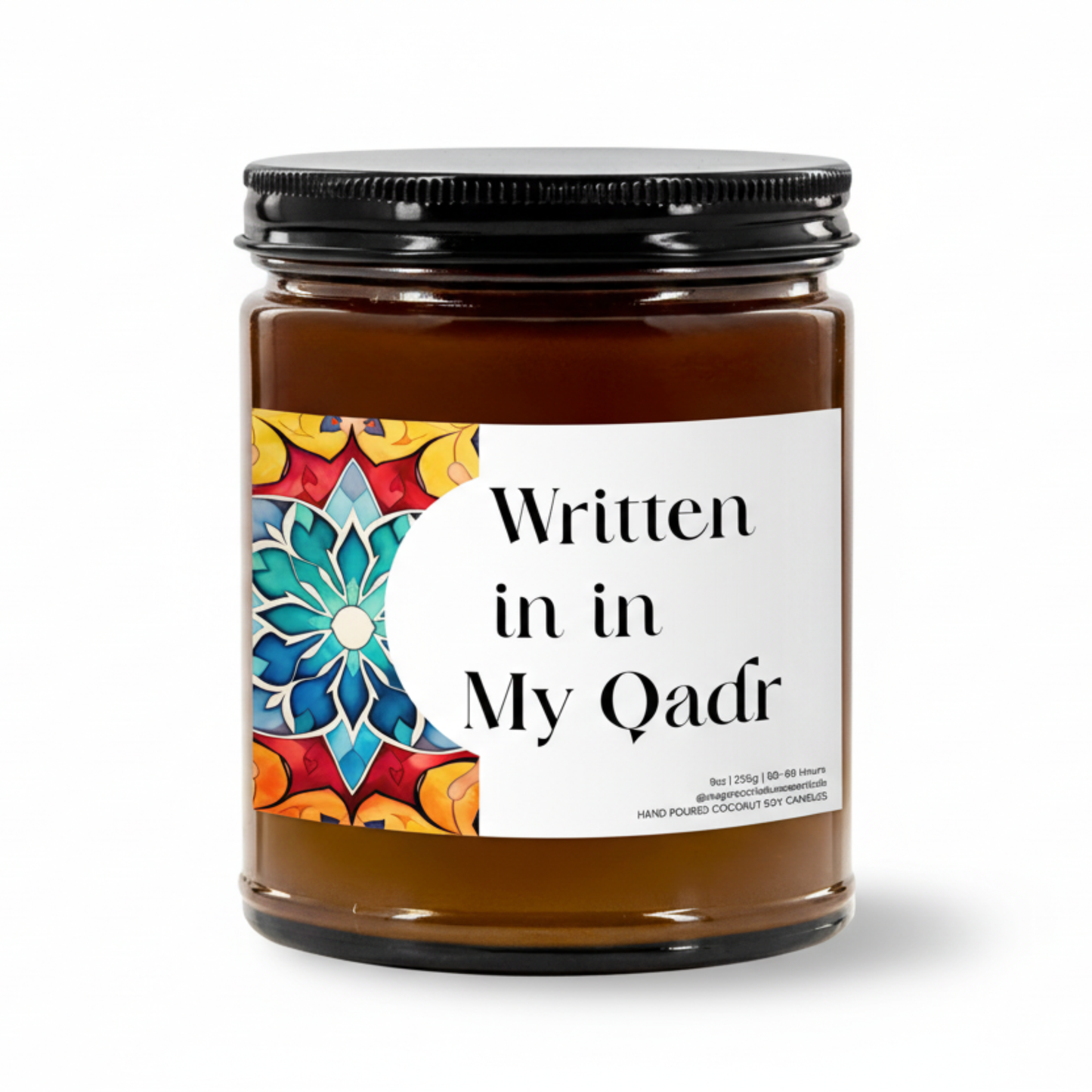 Written in my Qadr” Islamic soy candle in amber glass jar on a neutral décor tray