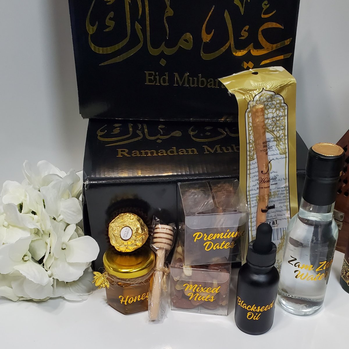 Elegant Ramadan Gift Box with Honey, Zam Zam Water, Dates & More - Perfect for Eid Celebration - Sugar Orchid Luxury Essentials