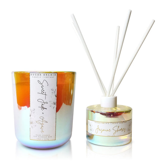 Iridescent Candle & Room Diffuser SET - Sugar Orchid Luxury Essentials