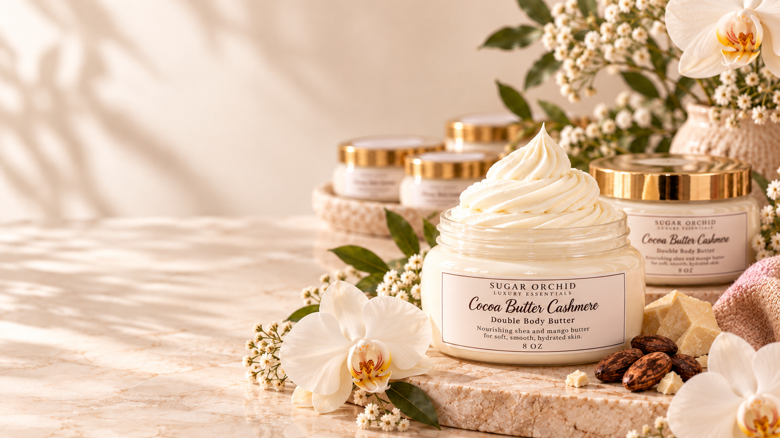 Sugar Orchid Cocoa Butter Cashmere whipped body butter in a short clear jar with a gold lid, styled with orchids and cocoa butter accents