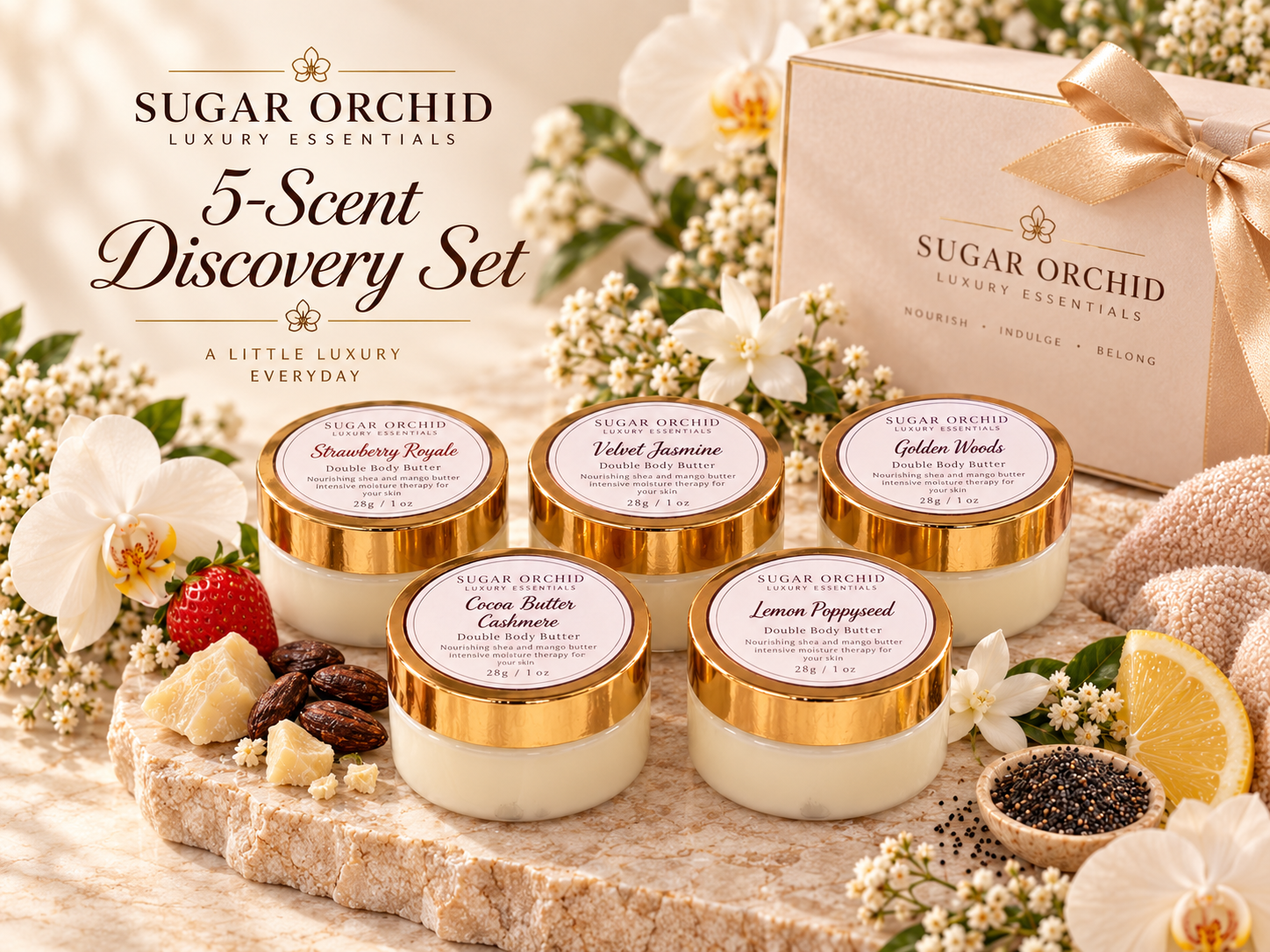 Sugar Orchid five-scent mini body butter discovery set with Cocoa Butter Cashmere, Strawberry Royale, Velvet Jasmine, Golden Woods and Lemon Poppyseed